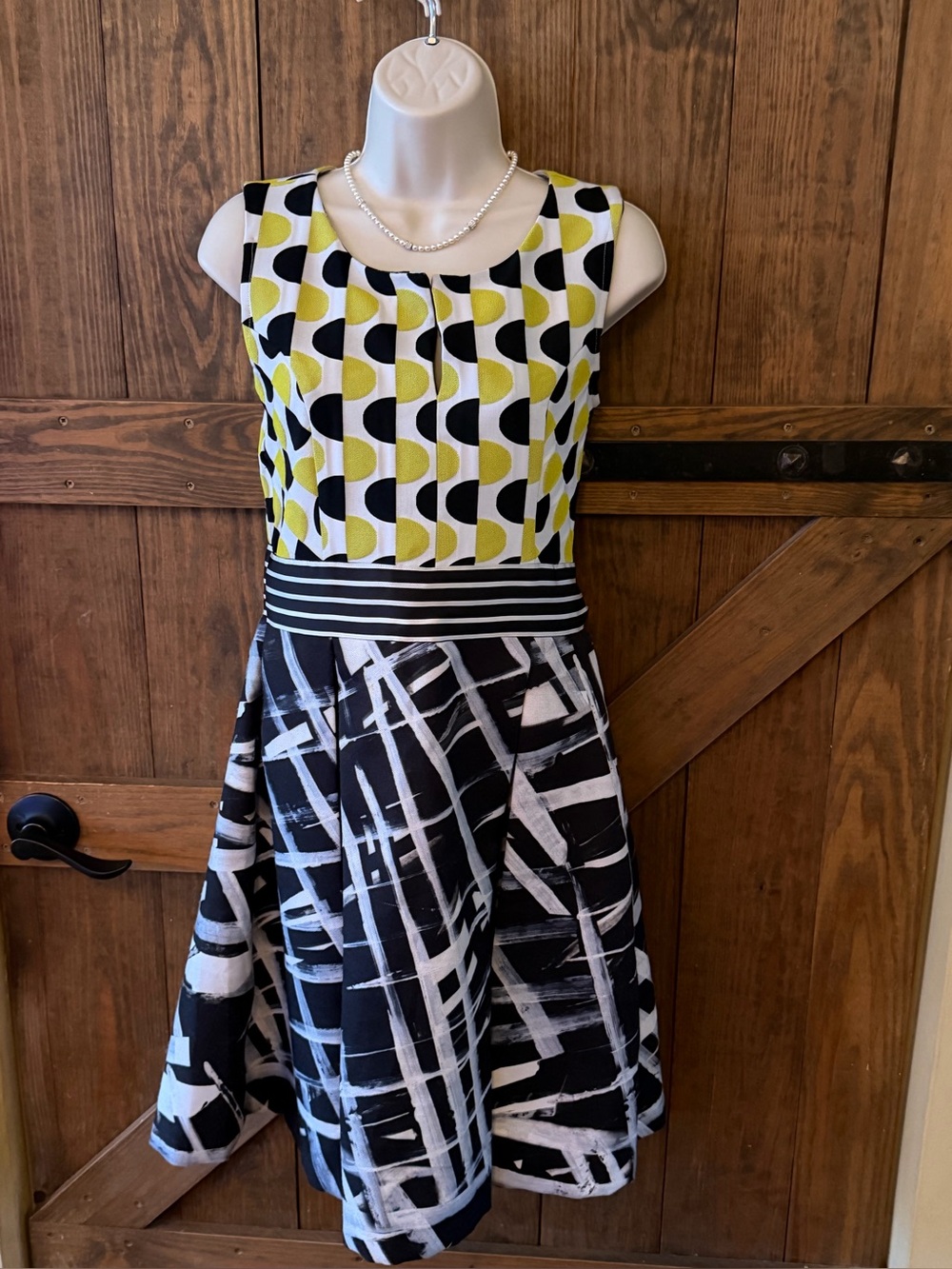 Save The Queen Black, White and Yellow Patterned Midi Fit-and-Flare Dress!
